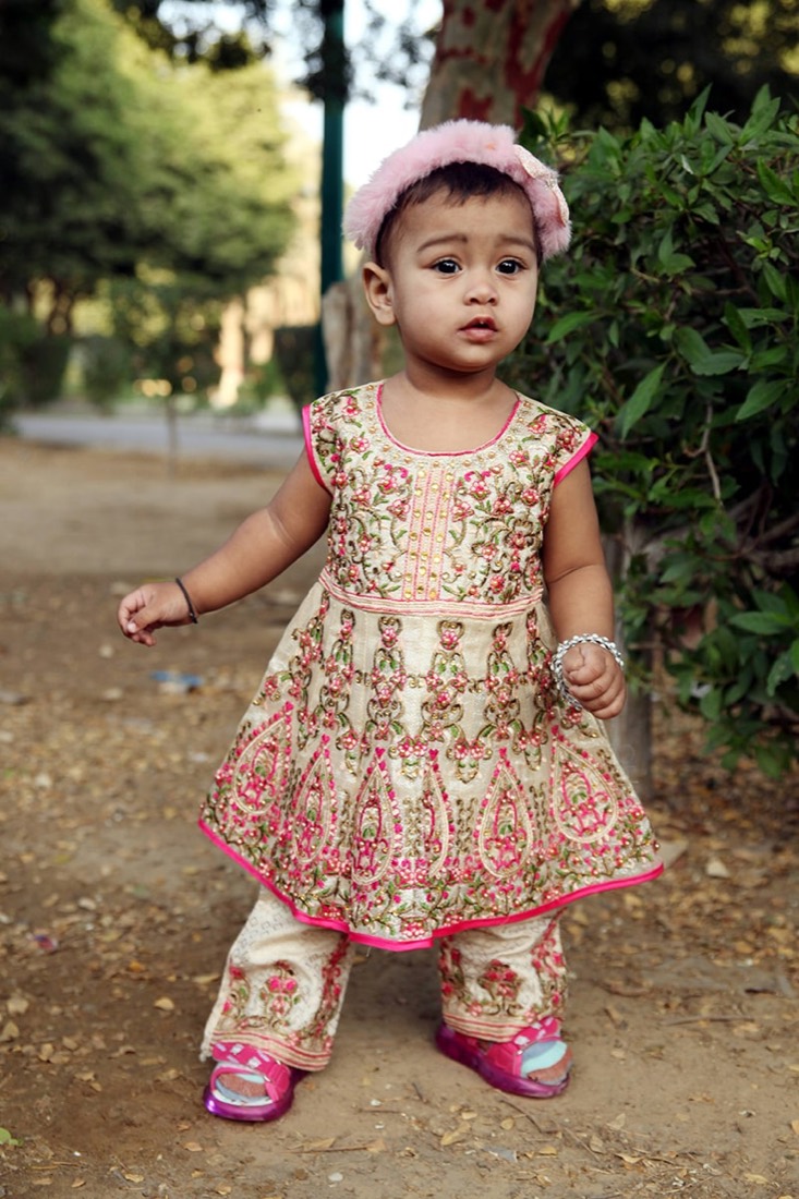 Girls' pink frock with embroidery made by Faraak, Karachi